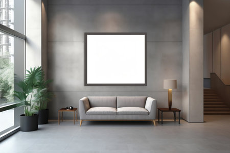 Empty Advertising Billboard Frame in Office Lobby with Ample Copy Space for Mock-up Designs. AIの素材