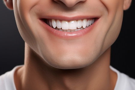 Dazzling Smile of a Healthy Man: Close-up of White Teeth after Dentist Tooth Whitening. AIの素材