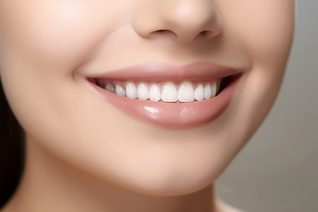 Beautiful Smile of Healthy Woman with White Teeth Closeup: Dentist Tooth Whitening. AIの素材