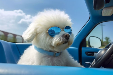 Cute Dog Driving a Blue Car while Wearing Sunglasses. AIの素材