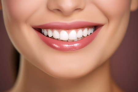Beautiful Smile of Healthy Woman with White Teeth Closeup: Dentist Tooth Whitening. AIの素材