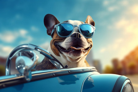 Cute Dog Driving a Blue Car while Wearing Sunglasses. AIの素材