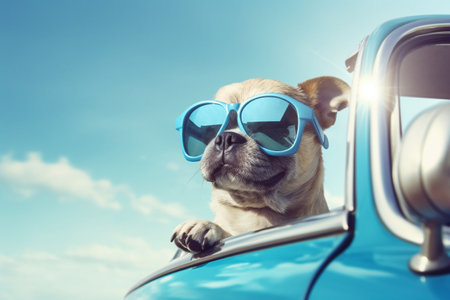 Cute Dog Driving a Blue Car while Wearing Sunglasses. AIの素材