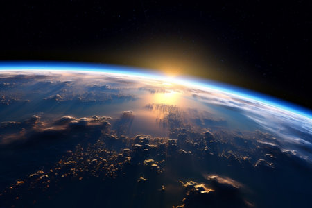 Sunrise Over Earth Planet with Satellite Viewed from Space. AIの素材