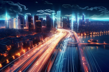 High-Speed Light Trails of Digital Data Transfer in a Smart Digital City. AIの素材
