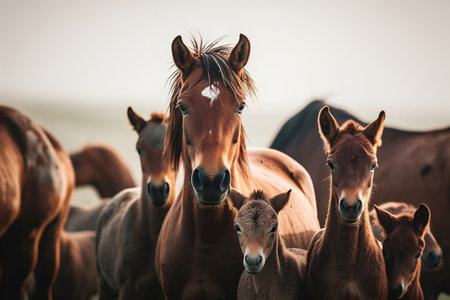 Herd of Horses with Newborn Foal at the Center. AIの素材