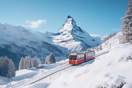 Winter Delights: Tourist Train and Skier Embrace the Magnificent Matterhorn. AIの素材