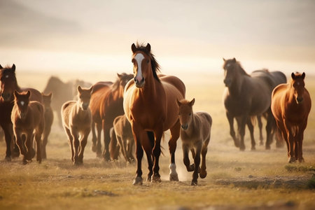 Herd of Horses with Newborn Foal at the Center. AIの素材