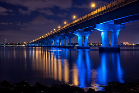 Sarasota, Florida Shines at Dusk: Ringling Bridge Illuminated in Blue. AIの素材