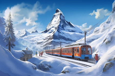 Winter Delights: Tourist Train and Skier Embrace the Magnificent Matterhorn. AIの素材