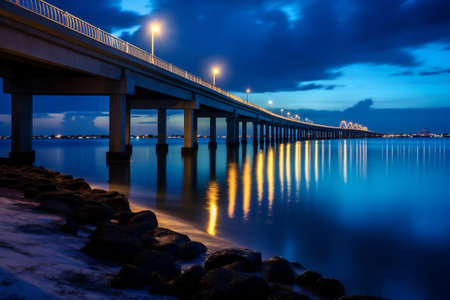 Sarasota, Florida Shines at Dusk: Ringling Bridge Illuminated in Blue. AIの素材