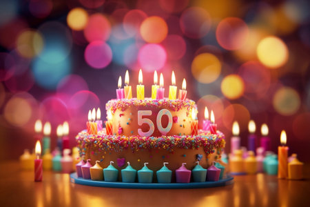 3D Cake with 50 Candles, Colorful Background, Luminous Objects, Bokeh. AIの素材