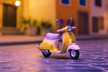 Art Deco-Inspired Scooter Parked Under a Bright Street Light: Exotic, Yellow and Violet Seaside Scene with Adorable Toy Vibe. AIの素材