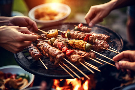 Barbecue Grill Party with Friends Outdoors: Focus on Hands. AIの素材