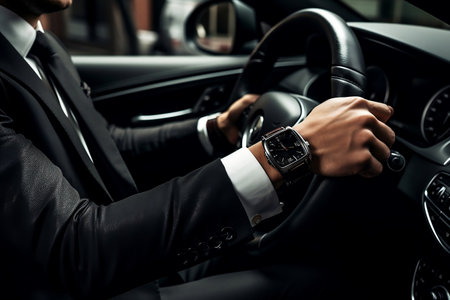 Businessman in Black Suit Driving Luxury Car, Focusing on Hands. AIの素材