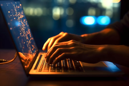 Software Development Concept: Programmer Coding with JavaScript on Laptop. AIの素材