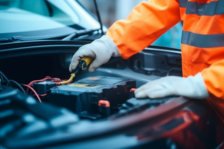 Expert Technician's Hands in Gloves Selectively Focused on an Opened Used Lithium-Ion Car Battery of an Electric Vehicle (EV) for Repair. AIの素材