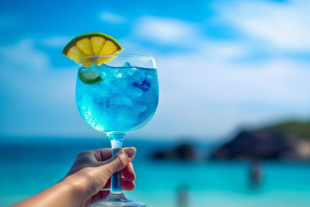 Refreshing Beach Cocktail Woman's Hand Enjoying a Tropical Drinkの素材