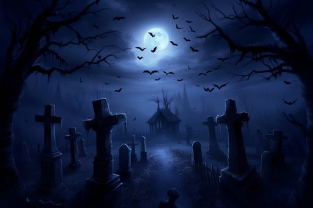 Eerie Cemetery Nighttime Ambience under Full Moonの素材