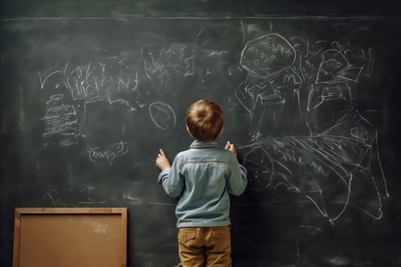 Young Artistic Talent Boy Drawing on a Blackboard with Creative Perspectiveの素材