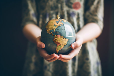 Educational Empowerment Teacher's Hand Holding a Globe Symbolizing Global Learningの素材