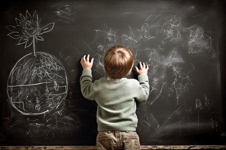 Young Artistic Talent Boy Drawing on a Blackboard with Creative Perspectiveの素材