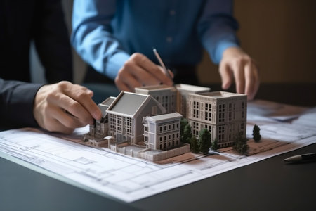 Architectural Vision Engineers Pointing to Building on Blueprint a Blueprint for Successの素材