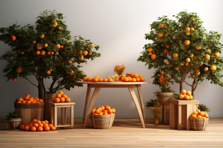 Natural Harmony Wooden Table and Orange Trees for Productivity and Meditationの素材