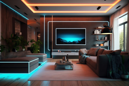 Contemporary Living Room Stylish Interior with Sofa and Televisionの素材