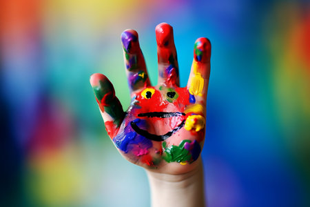 Colorful Fun Artist's Hand Painted with a Smiling Face, a Joyful Art Conceptの素材