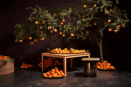 Natural Harmony Wooden Table and Orange Trees for Productivity and Meditationの素材