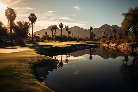 Golden Light Shines on Indian Wells Golf Resort, a Desert Oasis in Palm Springs. AIの素材