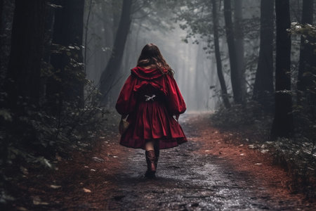 Back View of a Girl Wearing a Red Cloak Walking on a Gloomy Forest Path - Little Red Riding Hood. AIの素材