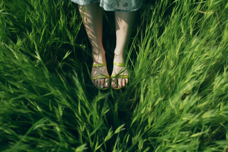 Woman's Feet in a Field of Grass. AIの素材