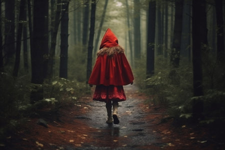 Back View of a Girl Wearing a Red Cloak Walking on a Gloomy Forest Path - Little Red Riding Hood. AIの素材