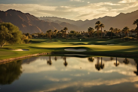 Golden Light Shines on Indian Wells Golf Resort, a Desert Oasis in Palm Springs. AIの素材