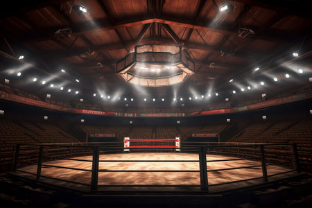 Inside the Fight Cage: Sporting Arena with Enthusiastic Fans and Radiant Spotlights. AIの素材