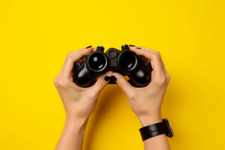 Female Hands Holding Black Binoculars on a Bright Yellow Background. AIの素材