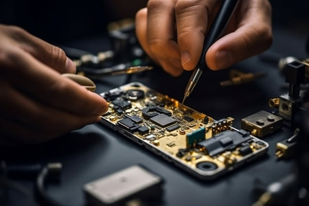 Technician's Hand Repairing Cell Phone Parts with Tools for Recovery and Smartphone Repair. AIの素材