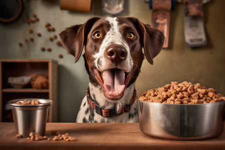Happy Dog Enjoying a Hearty Meal: Smiling Canine by the Food Bowl. AIの素材