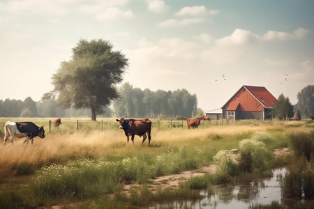 Pastoral Field with Grazing Cows and a Red Barnの素材