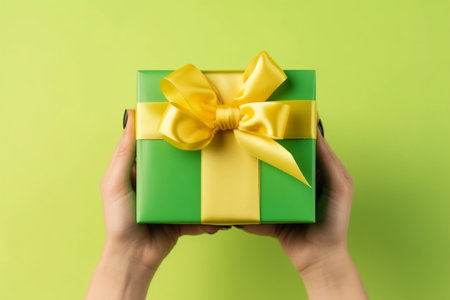 Gifting with Delight Woman's Hands Grasping a Green Gift Box on a Yellow Backgroundの素材