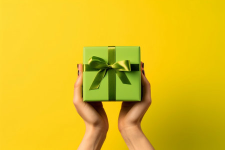 Gifting with Delight Woman's Hands Grasping a Green Gift Box on a Yellow Backgroundの素材