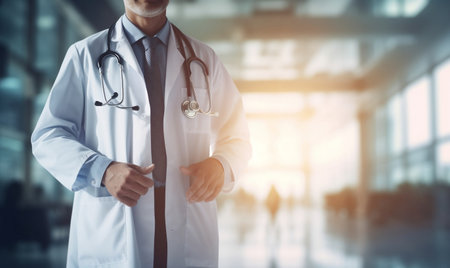Close-up of Doctor Standing in Front of Blurred Hospital Backgroundの素材