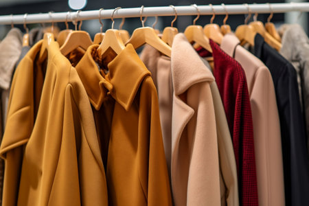 Winter Wardrobe Coats on Hangers in a Store, Frosty Ambianceの素材