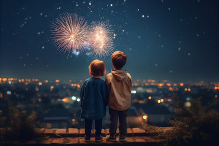 Joyful Moments Two Children, Boy and Girl Mesmerized by Fireworksの素材