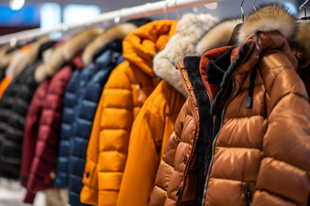Winter Wardrobe Coats on Hangers in a Store, Frosty Ambianceの素材