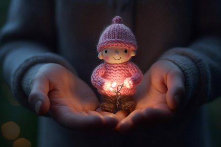 Charming Infant Gnome in Pink Knitted Attire Embracingの素材