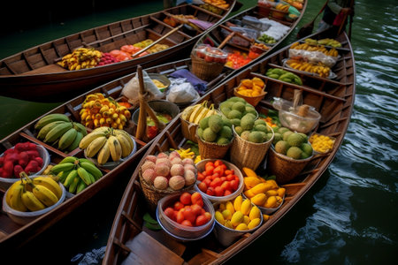 Vibrant Fruit Baskets on Traditional Floating Boats at the Marketの素材