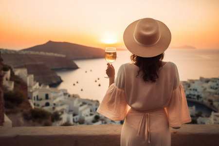 Idyllic Greek Island Getaway Woman in Hat Gazing at the Sea Viewの素材